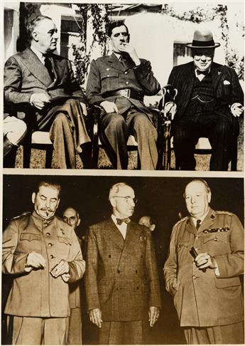 (CHURCHILL & ROOSEVELT--WWII) A group of 6 press photographs showcasing world leaders Winston Churchill and Franklin D. Roosevelt atte